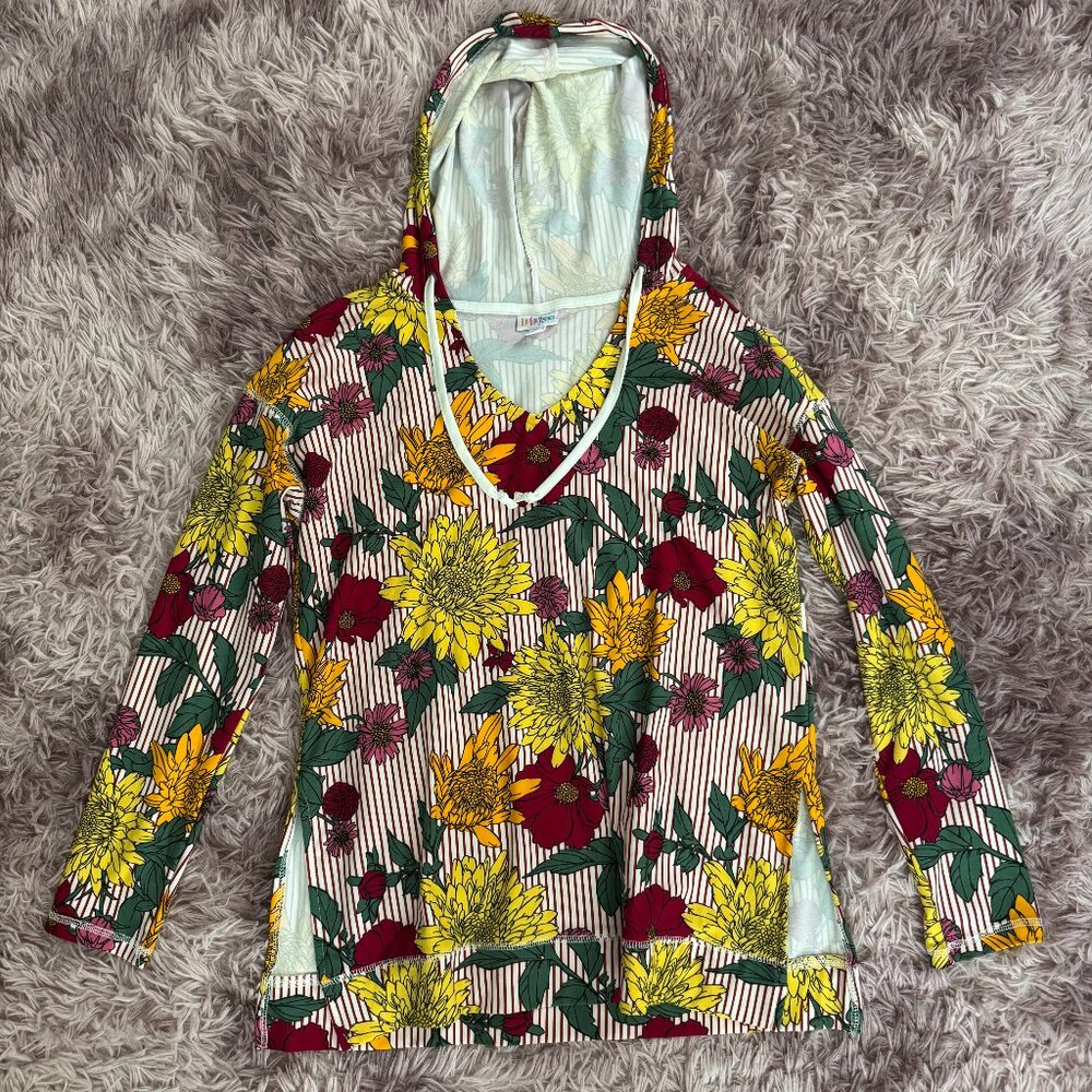 BNWOT Lularoe Amber Pullover Hoodie (Striped Yellow and Red Floral)